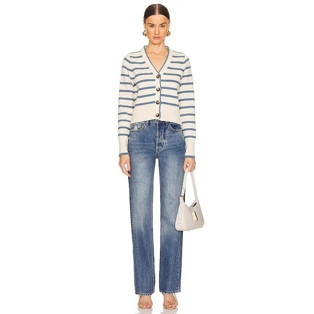 Veronica Beard Noorie Cardigan Sz Medium Ivory Blue Striped Cotton Chic Classic - Picture 4 of 16